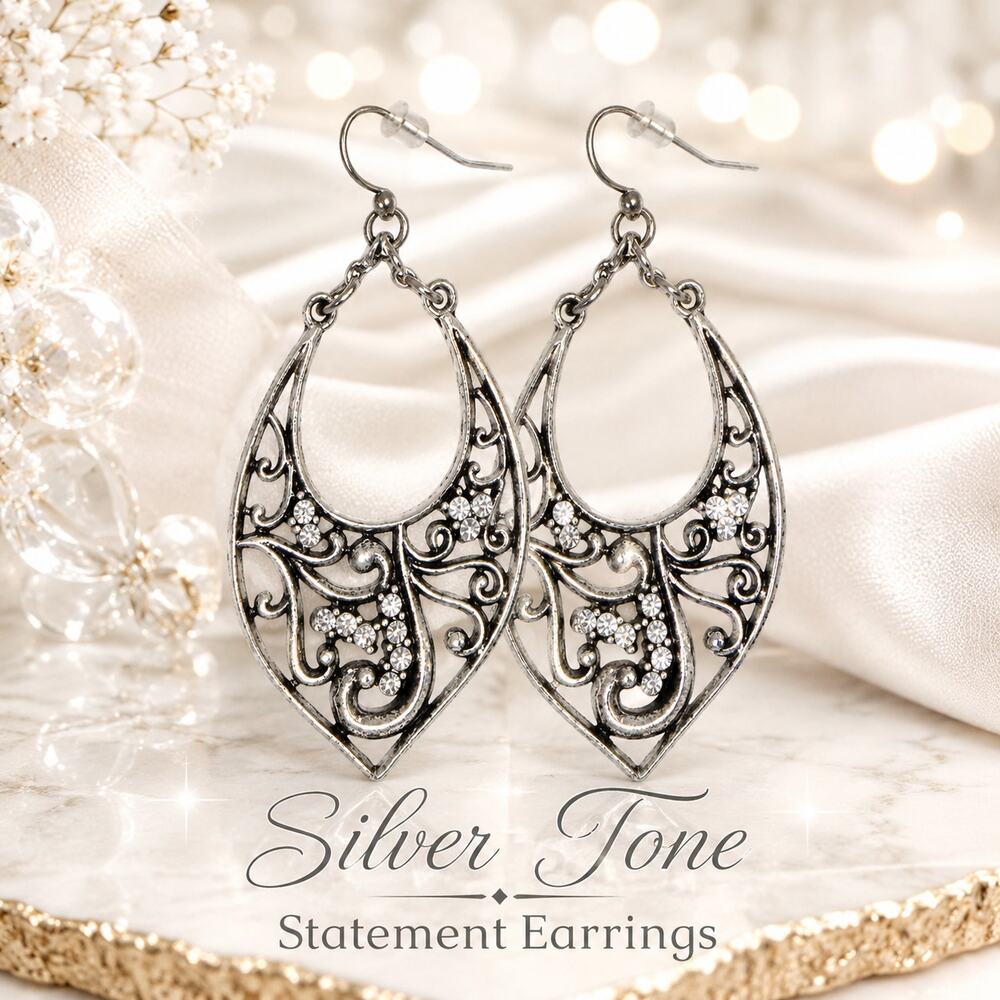 Silver Tone Filigree Rhinestone Teardrop Dangle Earrings Boho Statement